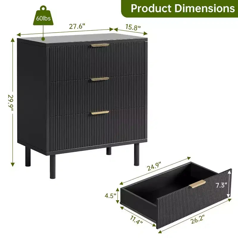 Commode 3 tiroirs ondulés 28" – Sécurité anti-basculement, grande commode de rangement avec pieds en métal pour chambre et entrée