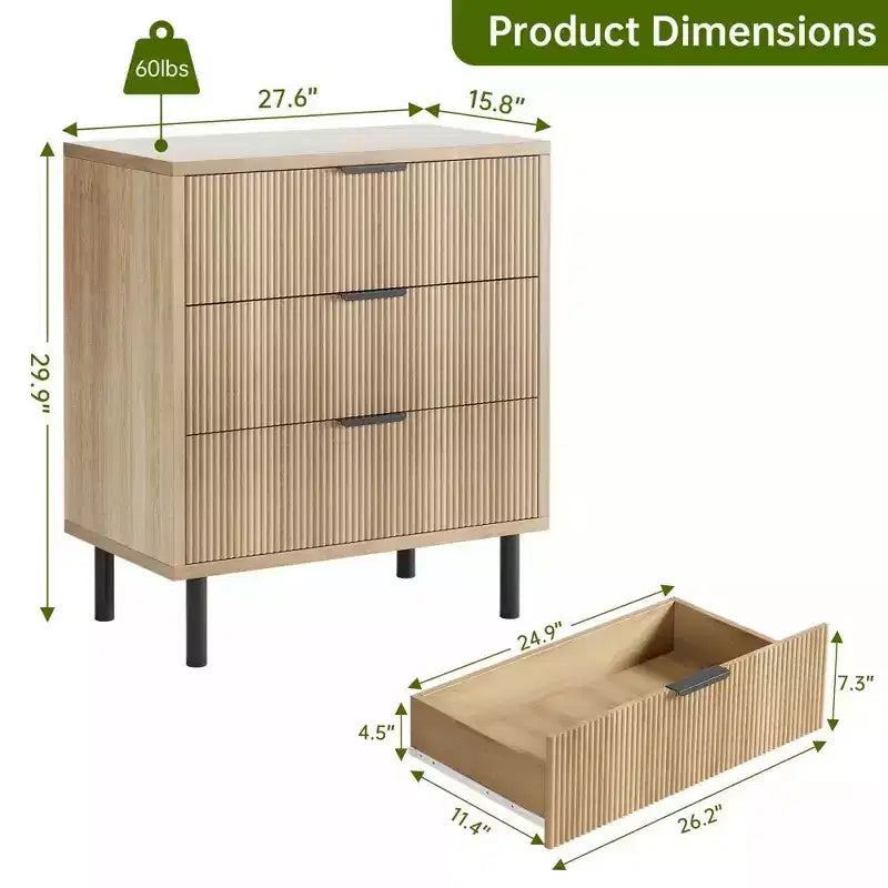 Commode 3 tiroirs ondulés 28" – Sécurité anti-basculement, grande commode de rangement avec pieds en métal pour chambre et entrée