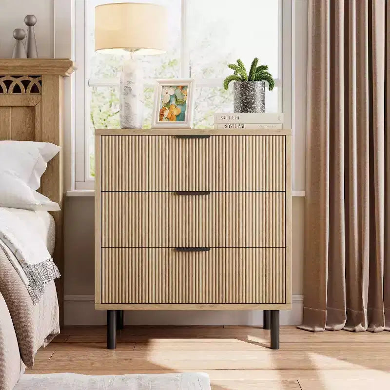 Commode 3 tiroirs ondulés 28" – Sécurité anti-basculement, grande commode de rangement avec pieds en métal pour chambre et entrée