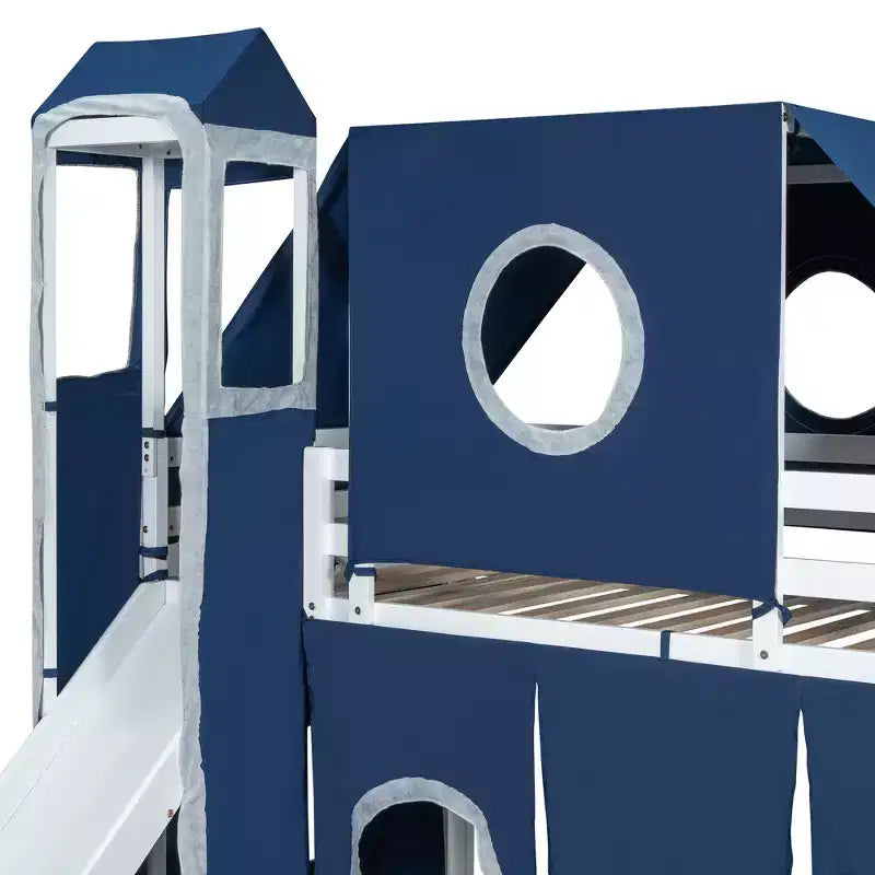 Lit mezzanine double/grand format avec escalier de rangement, tente et tour, rose/bleu - ModernLuxe