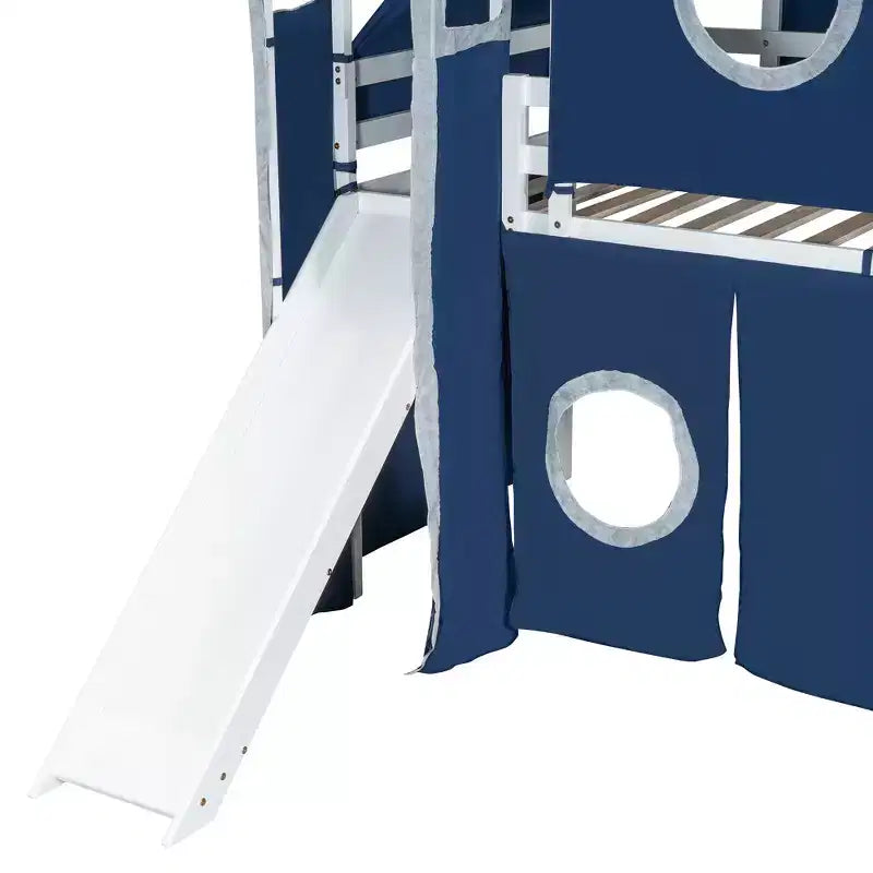 Lit mezzanine double/grand format avec escalier de rangement, tente et tour, rose/bleu - ModernLuxe