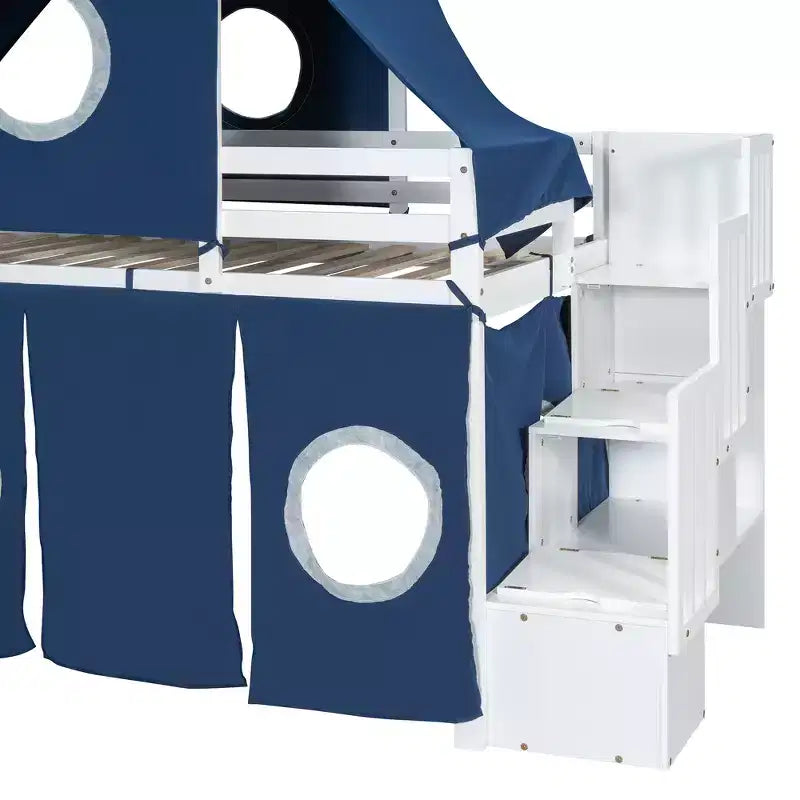Lit mezzanine double/grand format avec escalier de rangement, tente et tour, rose/bleu - ModernLuxe