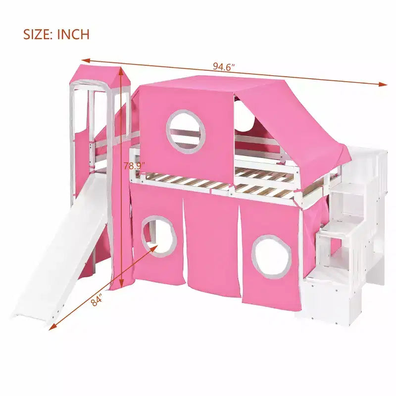 Lit mezzanine double/grand format avec escalier de rangement, tente et tour, rose/bleu - ModernLuxe