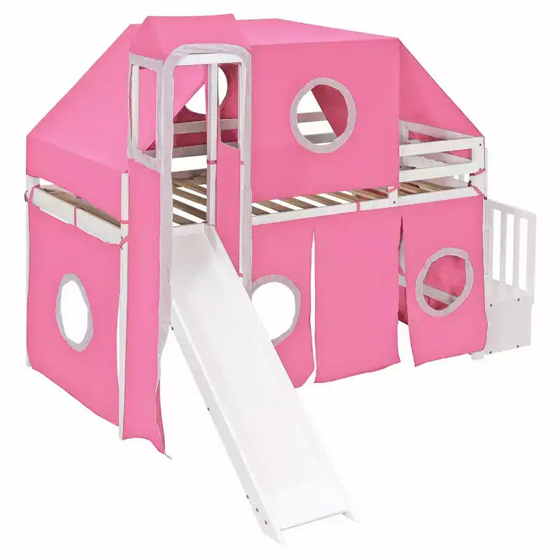 Lit mezzanine double/grand format avec escalier de rangement, tente et tour, rose/bleu - ModernLuxe
