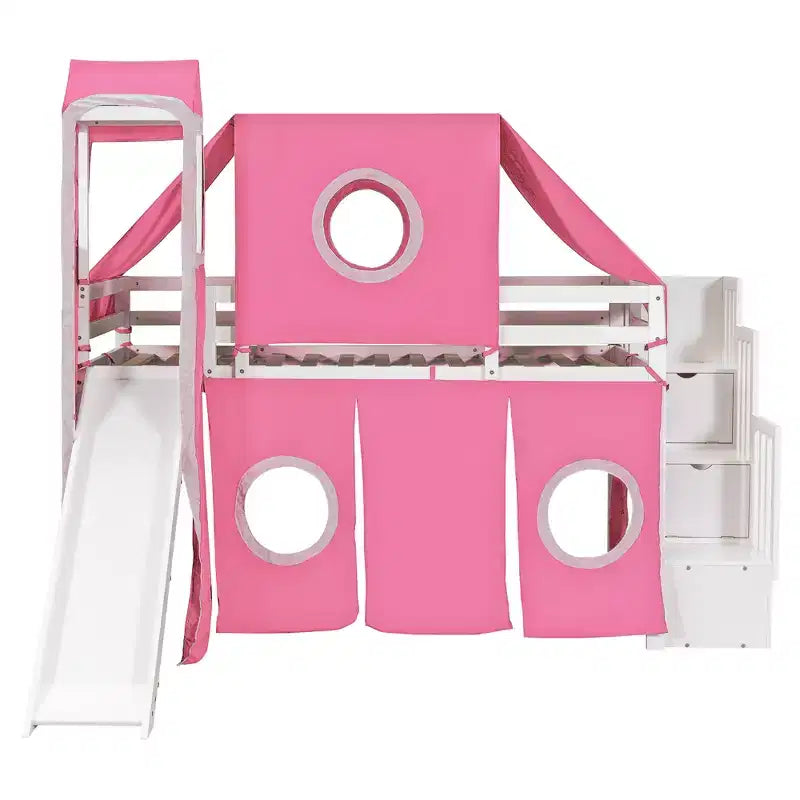 Lit mezzanine double/grand format avec escalier de rangement, tente et tour, rose/bleu - ModernLuxe