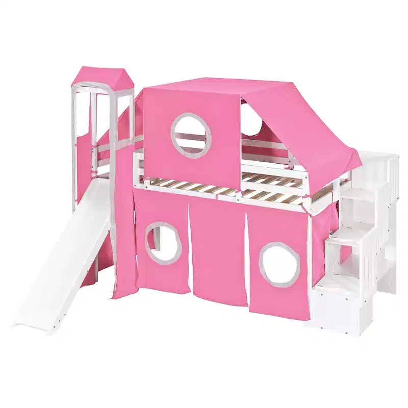 Lit mezzanine double/grand format avec escalier de rangement, tente et tour, rose/bleu - ModernLuxe