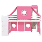 Lit mezzanine double/grand format avec escalier de rangement, tente et tour, rose/bleu - ModernLuxe