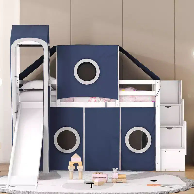 Lit mezzanine double/grand format avec escalier de rangement, tente et tour, rose/bleu - ModernLuxe