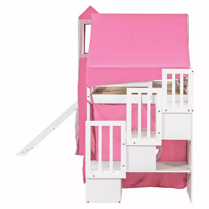 Lit mezzanine double/grand format avec escalier de rangement, tente et tour, rose/bleu - ModernLuxe