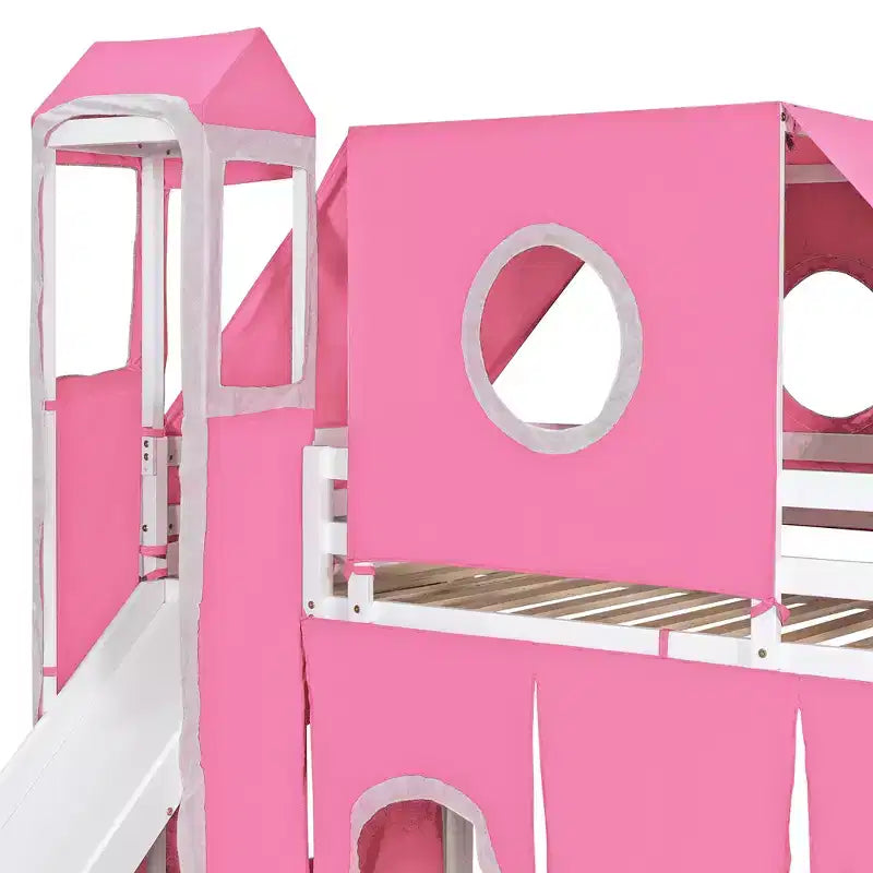 Lit mezzanine double/grand format avec escalier de rangement, tente et tour, rose/bleu - ModernLuxe