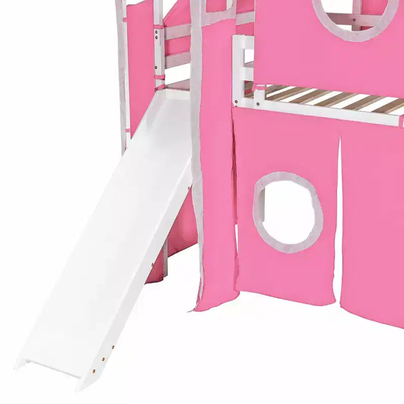 Lit mezzanine double/grand format avec escalier de rangement, tente et tour, rose/bleu - ModernLuxe
