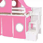 Lit mezzanine double/grand format avec escalier de rangement, tente et tour, rose/bleu - ModernLuxe