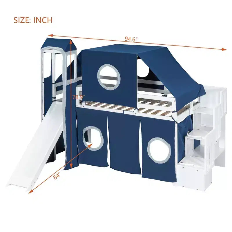 Lit mezzanine double/grand format avec escalier de rangement, tente et tour, rose/bleu - ModernLuxe