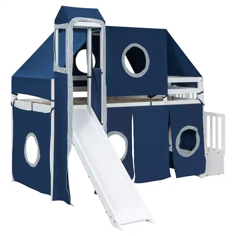 Lit mezzanine double/grand format avec escalier de rangement, tente et tour, rose/bleu - ModernLuxe