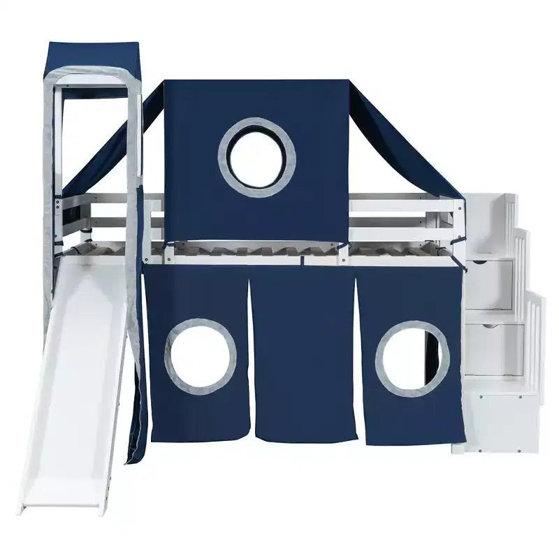 Lit mezzanine double/grand format avec escalier de rangement, tente et tour, rose/bleu - ModernLuxe