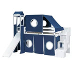 Lit mezzanine double/grand format avec escalier de rangement, tente et tour, rose/bleu - ModernLuxe
