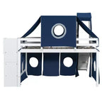 Lit mezzanine double/grand format avec escalier de rangement, tente et tour, rose/bleu - ModernLuxe