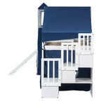Lit mezzanine double/grand format avec escalier de rangement, tente et tour, rose/bleu - ModernLuxe