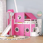 Lit mezzanine double/grand format avec escalier de rangement, tente et tour, rose/bleu - ModernLuxe