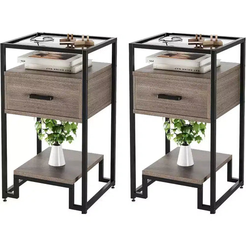 Acekool 2-Pack Nightstands with Storage Drawer & Shelves, Tempered Glass Top & Steel Frame Bedside Tables for Bedroom, Dorm