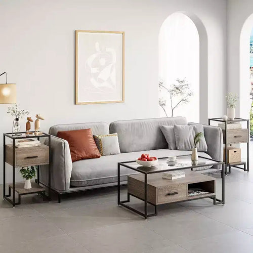 Tables de chevet Acekool (lot de 2) avec tiroir et étagères de rangement, plateau en verre trempé et cadre en acier pour chambre à coucher, dortoir