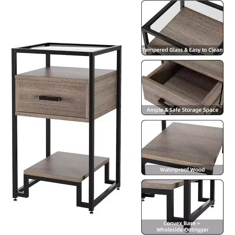 Tables de chevet Acekool (lot de 2) avec tiroir et étagères de rangement, plateau en verre trempé et cadre en acier pour chambre à coucher, dortoir