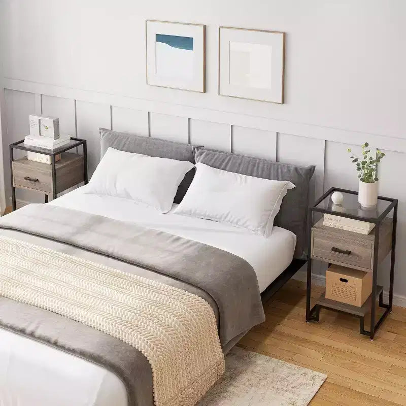 Tables de chevet Acekool (lot de 2) avec tiroir et étagères de rangement, plateau en verre trempé et cadre en acier pour chambre à coucher, dortoir
