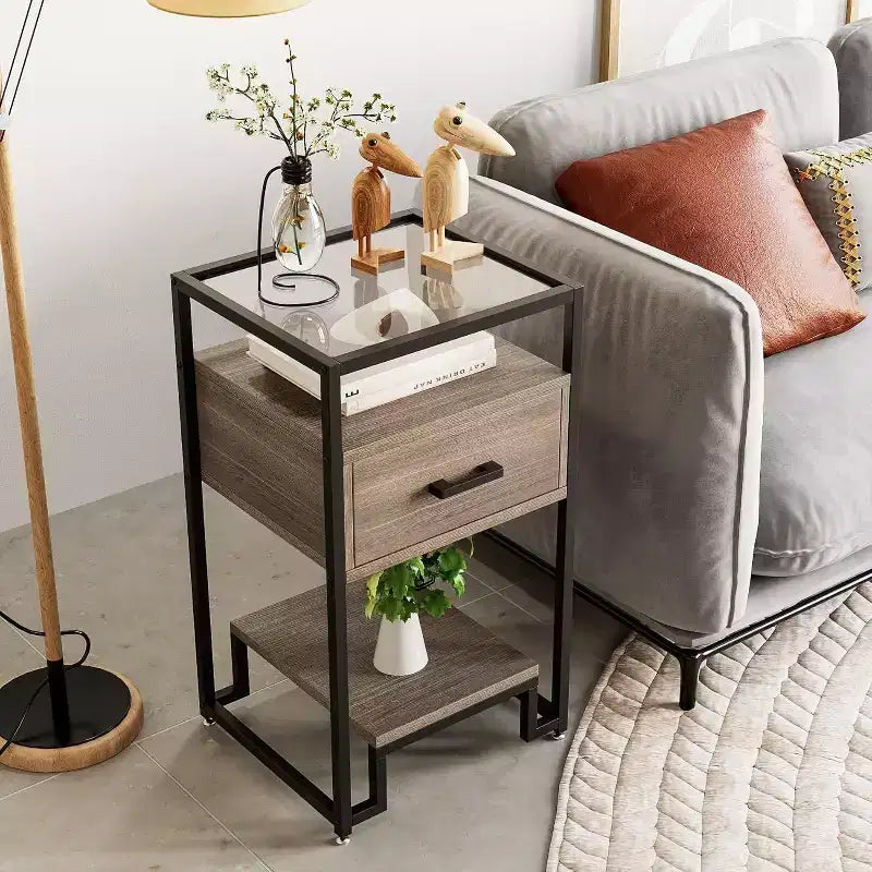 Tables de chevet Acekool (lot de 2) avec tiroir et étagères de rangement, plateau en verre trempé et cadre en acier pour chambre à coucher, dortoir