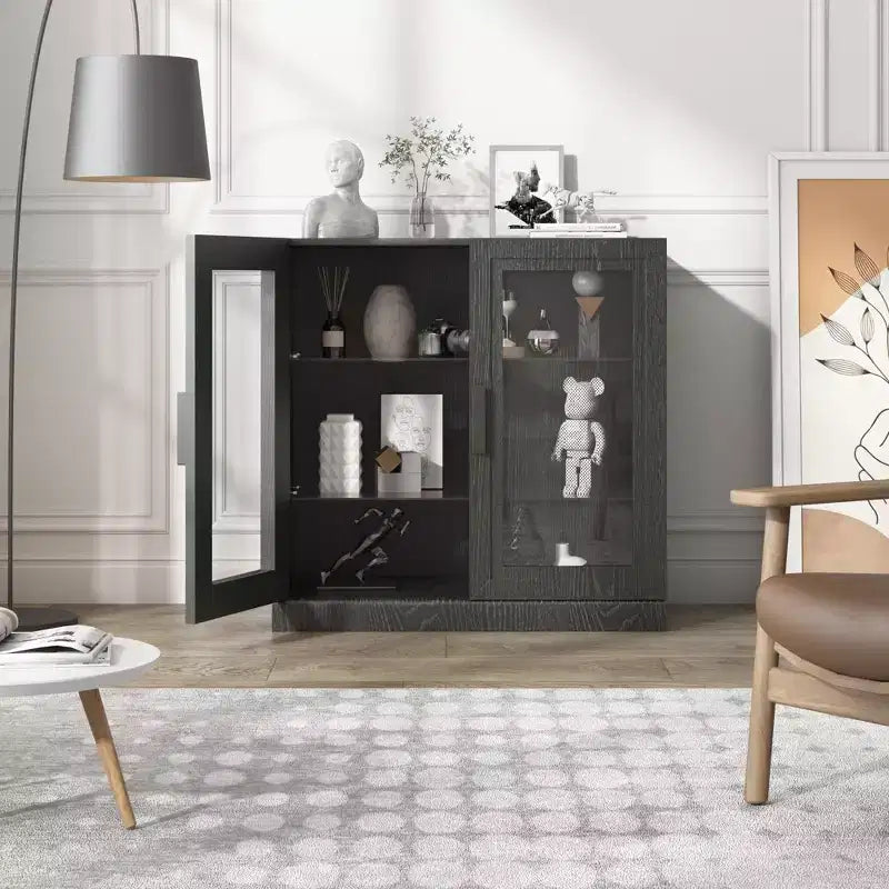 Meuble d'appoint en bois noir, organisateur de rangement avec étagères réglables et portes vitrées pour cuisine, chambre, salon/salle à manger