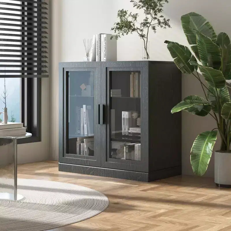 Meuble d'appoint en bois noir, organisateur de rangement avec étagères réglables et portes vitrées pour cuisine, chambre, salon/salle à manger