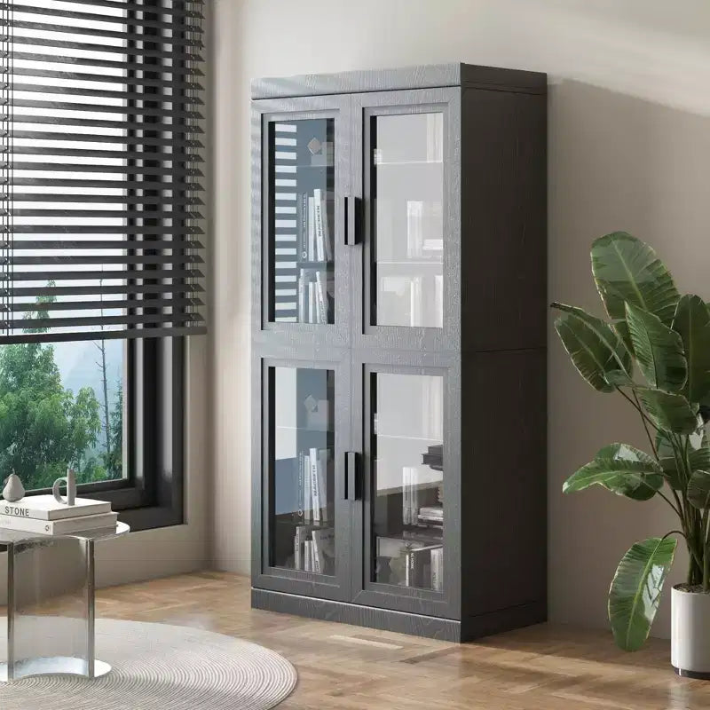 Meuble d'appoint en bois noir, organisateur de rangement avec étagères réglables et portes vitrées pour cuisine, chambre, salon/salle à manger