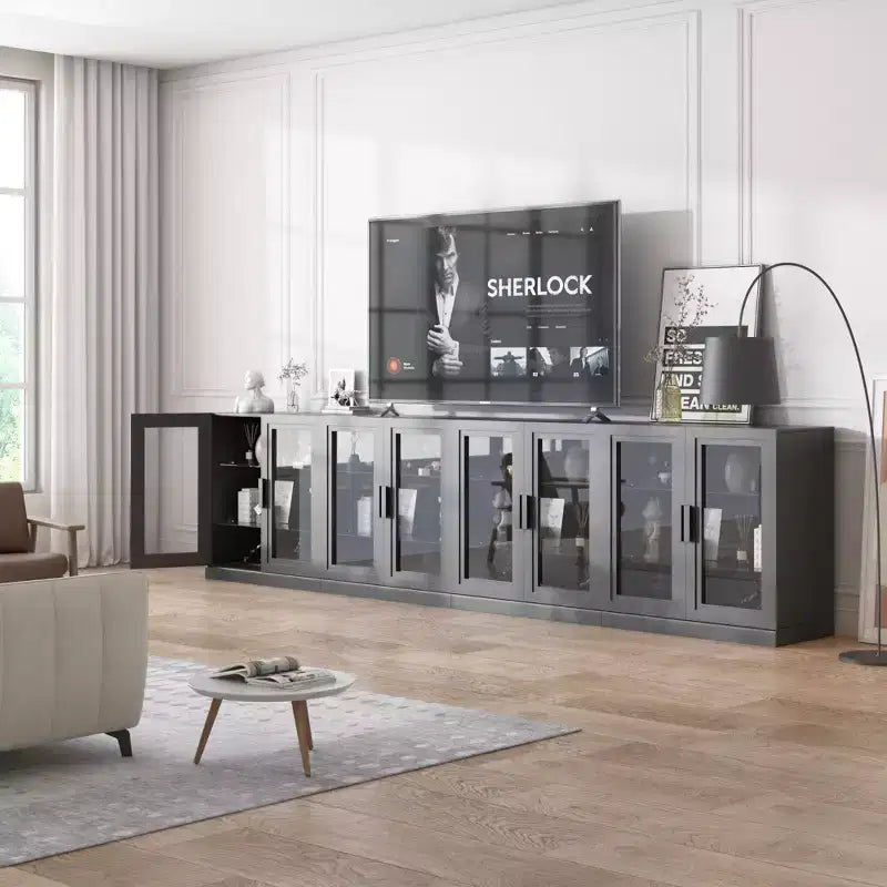 Meuble d'appoint en bois noir, organisateur de rangement avec étagères réglables et portes vitrées pour cuisine, chambre, salon/salle à manger