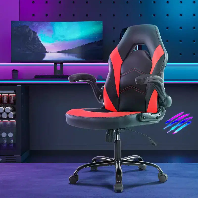 Chaise de jeu Bestier, chaise pivotante d'ordinateur en cuir PU avec soutien lombaire, dossier réglable et accoudoir rabattable pour chaise de bureau à domicile