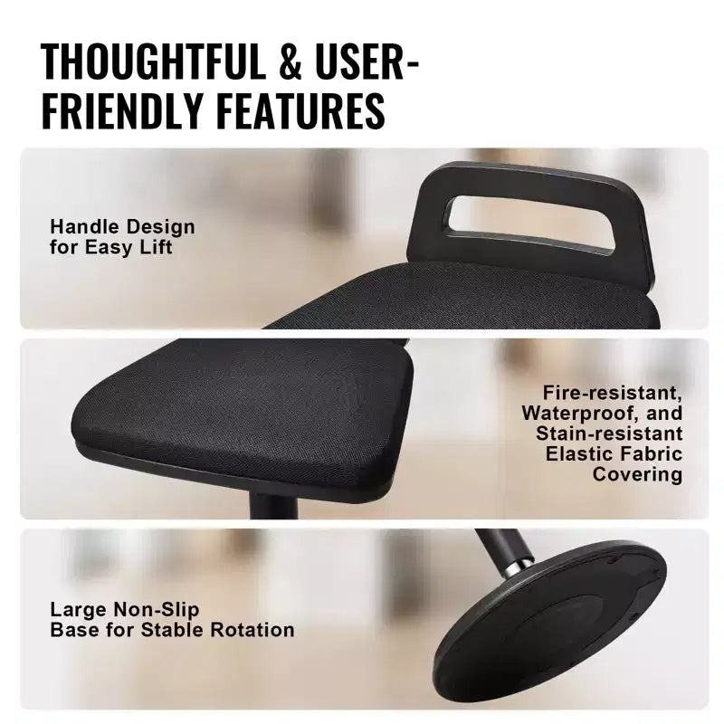 Chaise active VEVOR avec poignée, réglable en hauteur (24,6-34,4), chaise oscillante en tissu élastique et mousse de 45 mm, angle d'inclinaison de 8°, 12-18 ans, noire