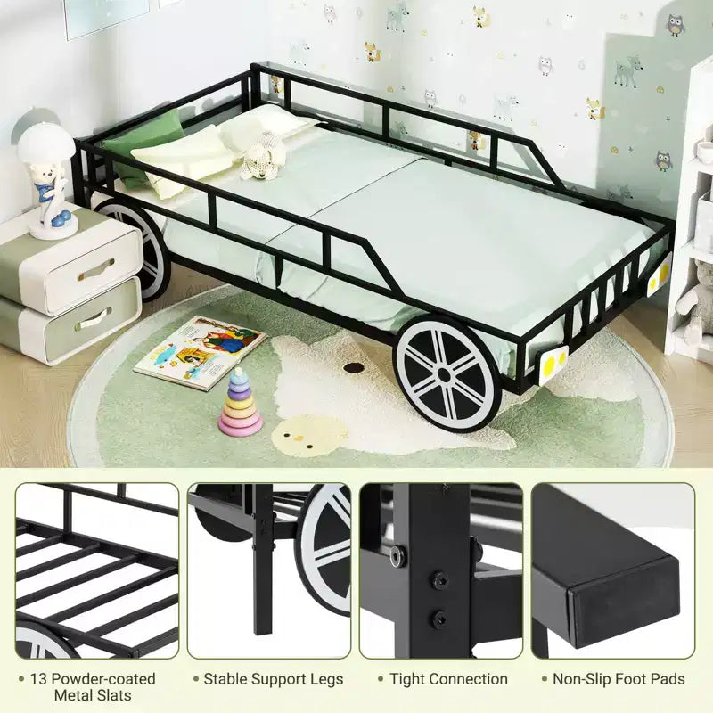 Cadre de lit double Costway en métal en forme de voiture avec roues, décorations et barrières de sécurité