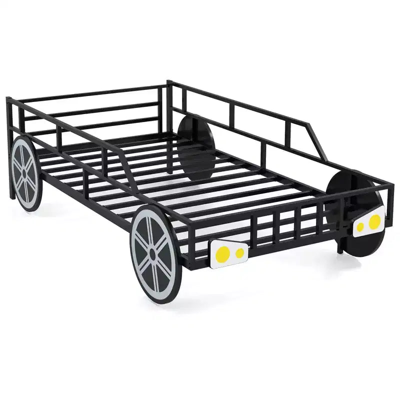 Cadre de lit double Costway en métal en forme de voiture avec roues, décorations et barrières de sécurité