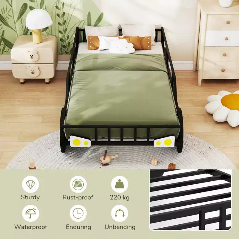 Cadre de lit double Costway en métal en forme de voiture avec roues, décorations et barrières de sécurité