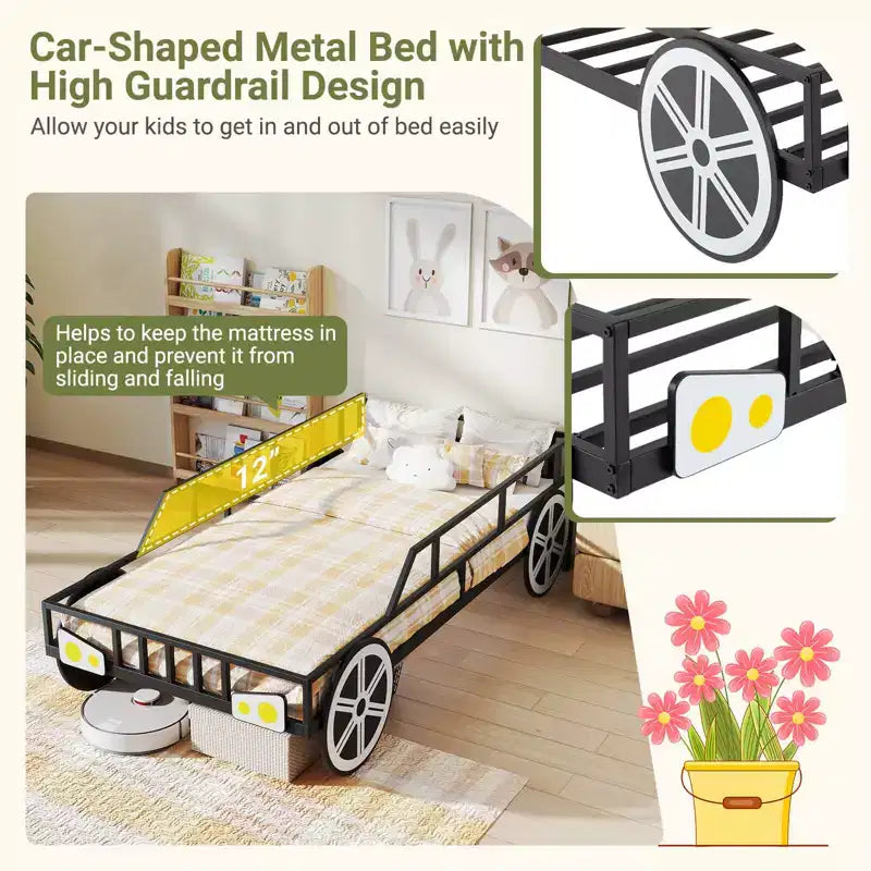 Cadre de lit double Costway en métal en forme de voiture avec roues, décorations et barrières de sécurité