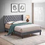 Okak Queen Bed Frame with Headboard, Velvet Button Tufted-Upholstered Platform Bed with Wings Design and Wood Slat Support, Gray
