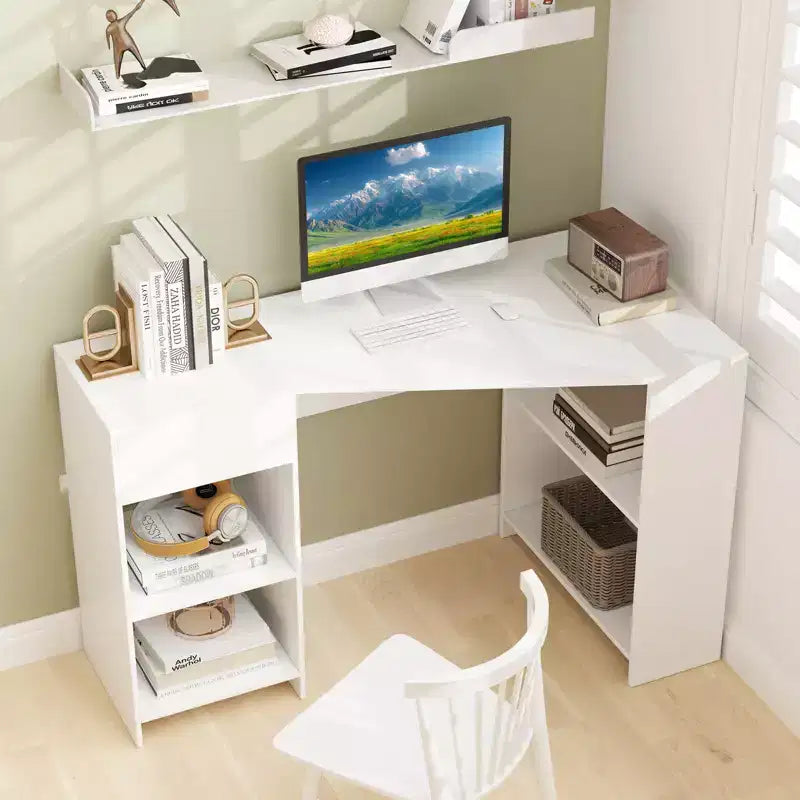 Bureau d'ordinateur Costway en forme de L avec tiroir et étagères de rangement pour poste de travail à domicile