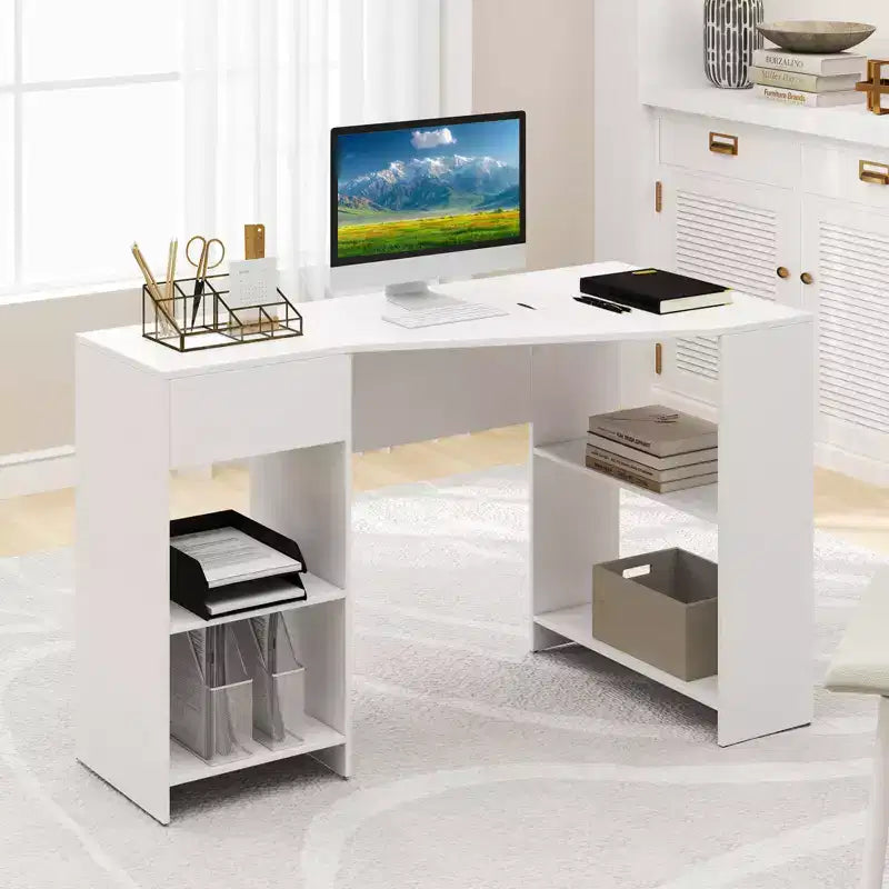 Bureau d'ordinateur Costway en forme de L avec tiroir et étagères de rangement pour poste de travail à domicile