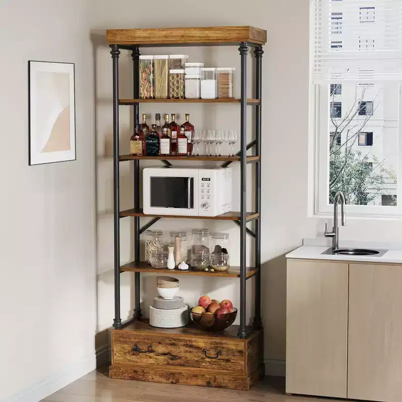 81,3 cm Grande Bibliothèque - Étagère à 5 Niveaux avec Tiroirs, Cadre Métallique Vintage, Étagère d'Exposition, Rangement pour Bureau, Salon, Chambre, Salle de Bain