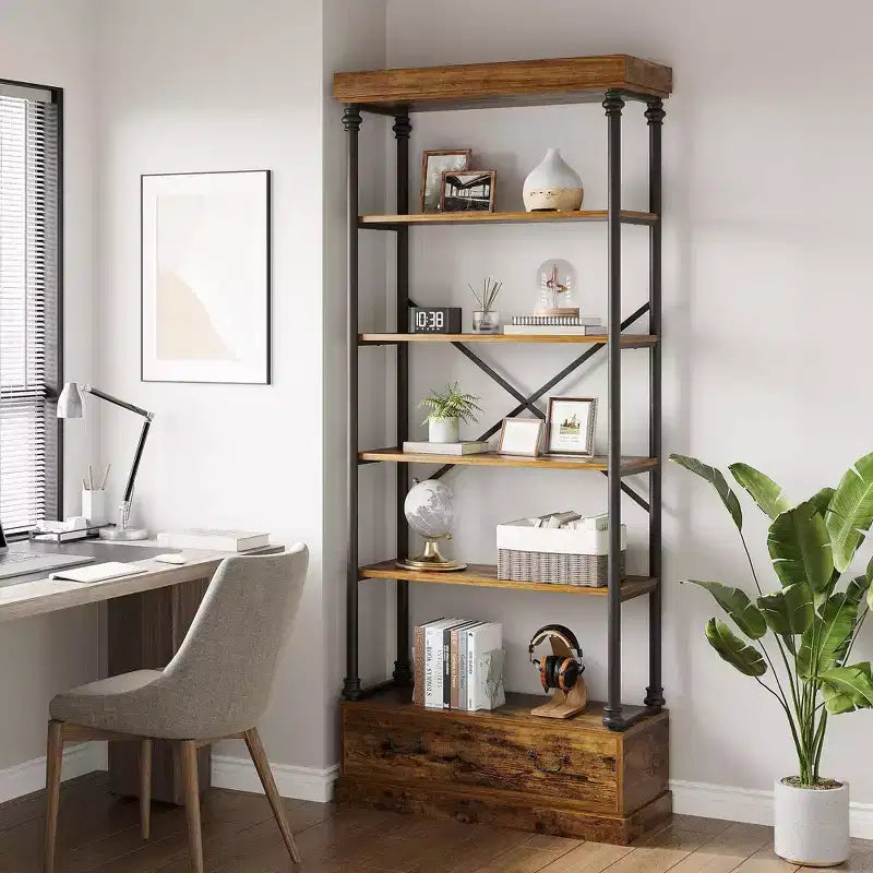 81,3 cm Grande Bibliothèque - Étagère à 5 Niveaux avec Tiroirs, Cadre Métallique Vintage, Étagère d'Exposition, Rangement pour Bureau, Salon, Chambre, Salle de Bain
