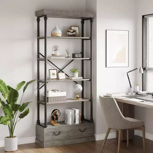 81,3 cm Grande Bibliothèque - Étagère à 5 Niveaux avec Tiroirs, Cadre Métallique Vintage, Étagère d'Exposition, Rangement pour Bureau, Salon, Chambre, Salle de Bain