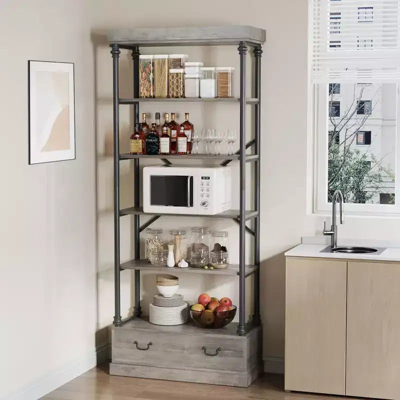 81,3 cm Grande Bibliothèque - Étagère à 5 Niveaux avec Tiroirs, Cadre Métallique Vintage, Étagère d'Exposition, Rangement pour Bureau, Salon, Chambre, Salle de Bain