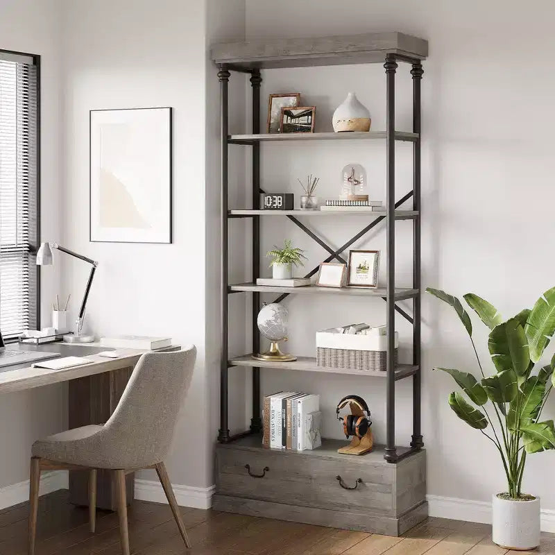 81,3 cm Grande Bibliothèque - Étagère à 5 Niveaux avec Tiroirs, Cadre Métallique Vintage, Étagère d'Exposition, Rangement pour Bureau, Salon, Chambre, Salle de Bain