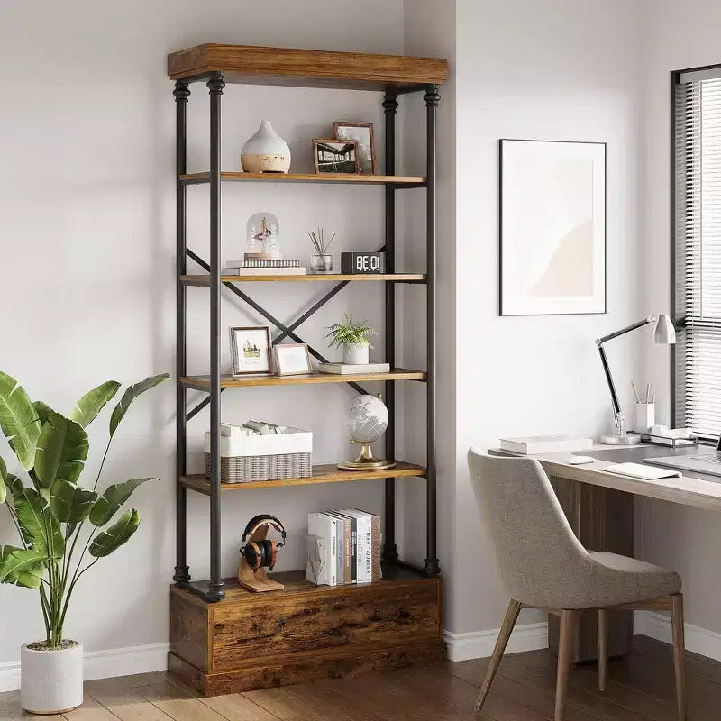 81,3 cm Grande Bibliothèque - Étagère à 5 Niveaux avec Tiroirs, Cadre Métallique Vintage, Étagère d'Exposition, Rangement pour Bureau, Salon, Chambre, Salle de Bain