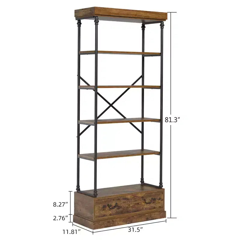81,3 cm Grande Bibliothèque - Étagère à 5 Niveaux avec Tiroirs, Cadre Métallique Vintage, Étagère d'Exposition, Rangement pour Bureau, Salon, Chambre, Salle de Bain