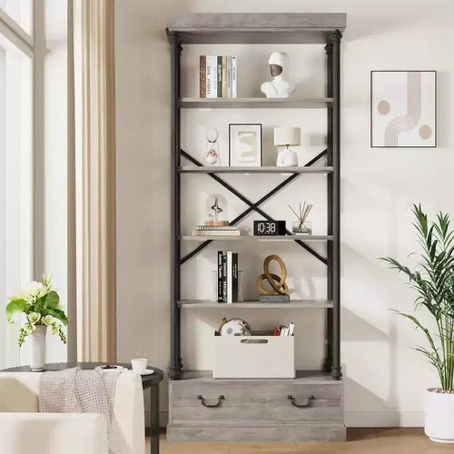 81.3 Tall Bookcase - 5 Tier Bookshelf with Drawers, Vintage Metal Frame, Display Shelf, Storage for Home Office, Living Room, Bedroom, Bathroom