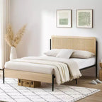 Full/Queen bed frame with curved metal rattan headboard and wooden footboard platform with under bed storage